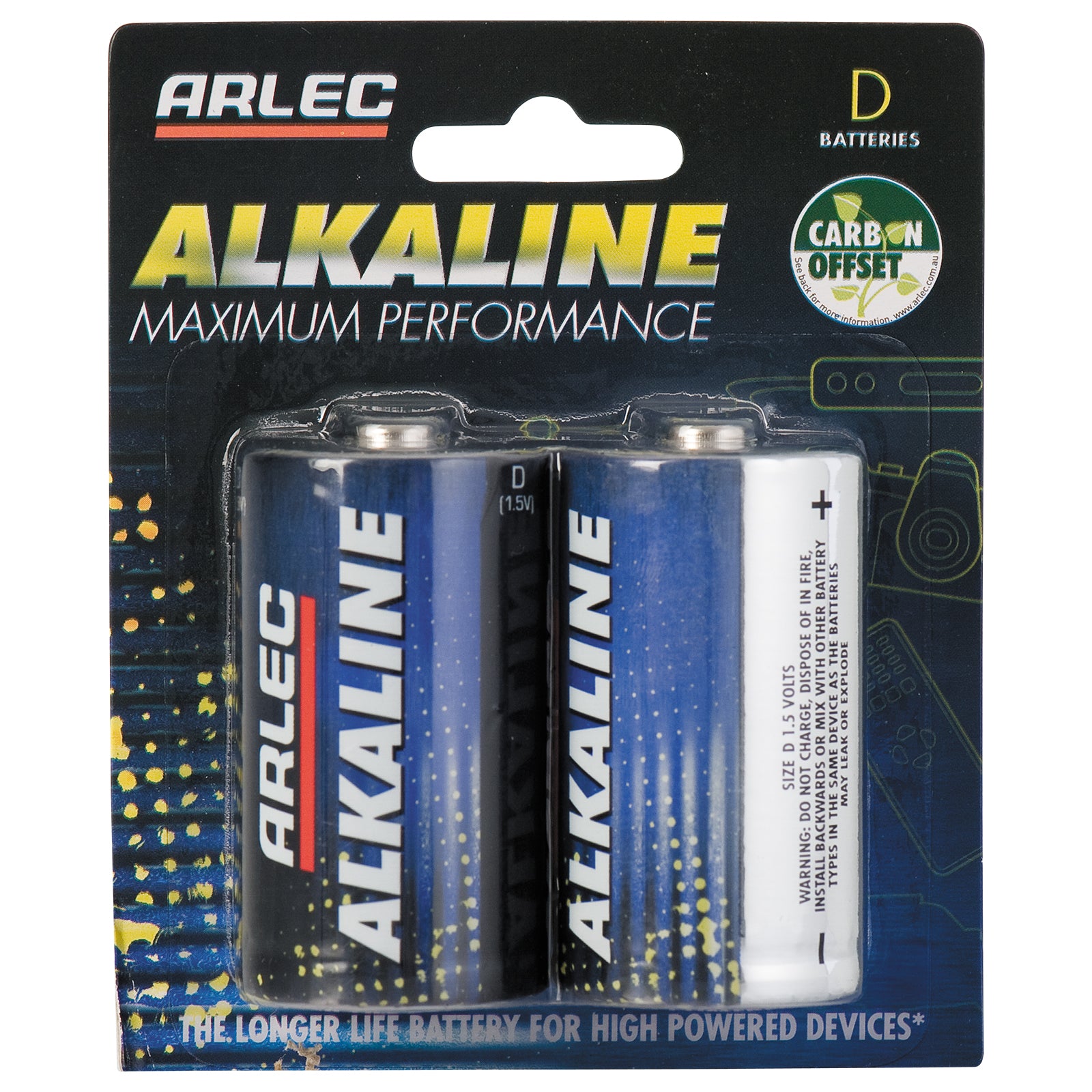 Arlec D size alkaline batteries 2 pack