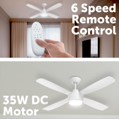 arlec 120cm aer white ceiling fan – tri-colour led fan with remote; matte finish 4 blade dc fan; quiet energy-saving ceiling fan