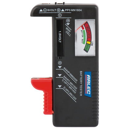 Battery tester for AAA, AA, C, D, 9V – Arlec with color-coded meter