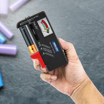 Battery tester for AAA, AA, C, D, 9V – Arlec with color-coded meter