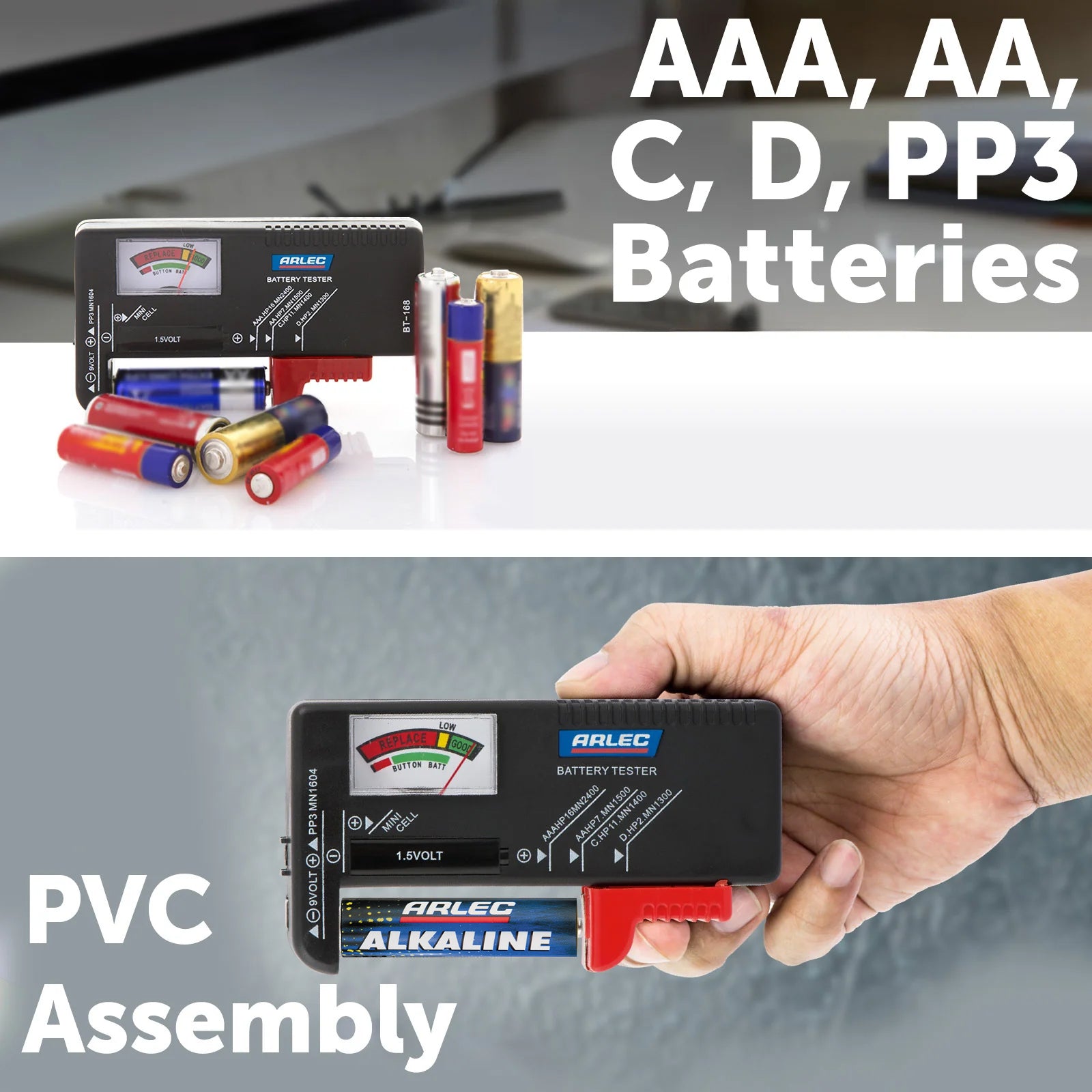 Battery tester for AAA, AA, C, D, 9V – Arlec with color-coded meter