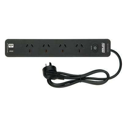 Arlec 4 Outlet Black Surge Protected Powerboard with USB A&C Charger and Master Switch - surge protector board, USB charging powerboard, 4 socket extension