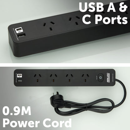 Arlec 4 Outlet Black Surge Protected Powerboard with USB A&C Charger and Master Switch - surge protector board, USB charging powerboard, 4 socket extension