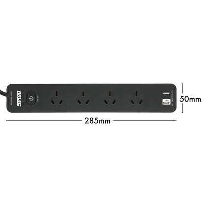 Arlec 4 Outlet Black Surge Protected Powerboard with USB A&C Charger and Master Switch - surge protector board, USB charging powerboard, 4 socket extension