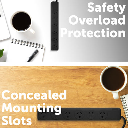 Arlec Black 6 Outlet Powerboard - 2 Pack - 6 outlet powerboard, black extension board, twin pack power strip