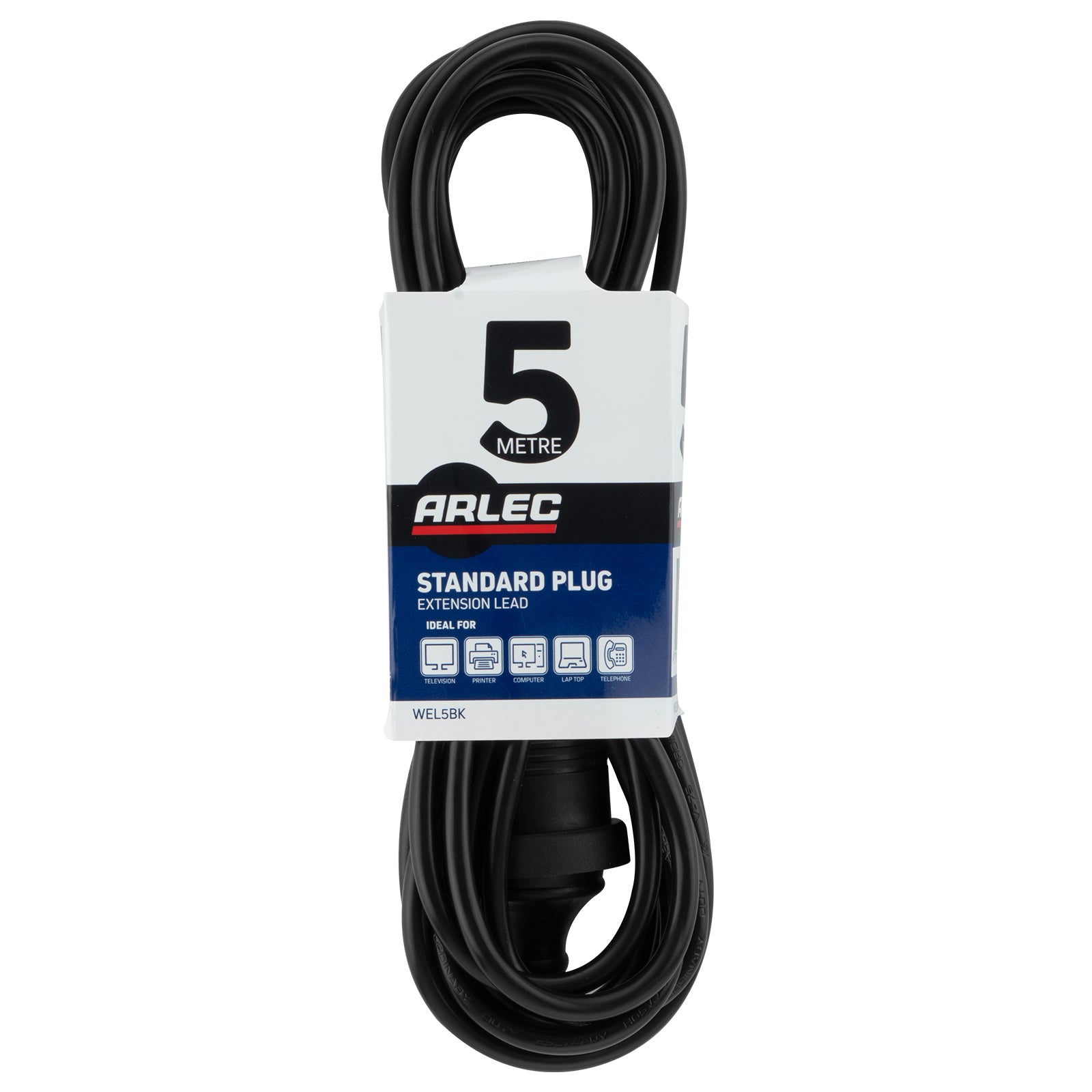 Black Domestic Extension Lead - 5m - black extension lead, 5m household power cable, home extension cord