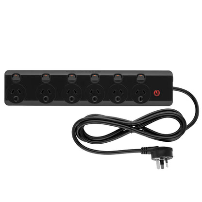 Arlec Black Individually Switched Surge Protected 6 Outlet Powerboard – surge protected black powerboard, 6 switch