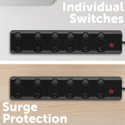 Arlec Black Individually Switched Surge Protected 6 Outlet Powerboard – surge protected black powerboard, 6 switch