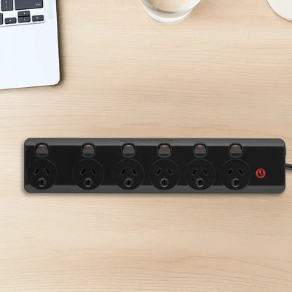 Arlec Black Individually Switched Surge Protected 6 Outlet Powerboard – surge protected black powerboard, 6 switch