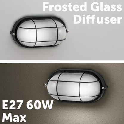 Arlec Black Oval Caged Bunker Light - bunker wall light