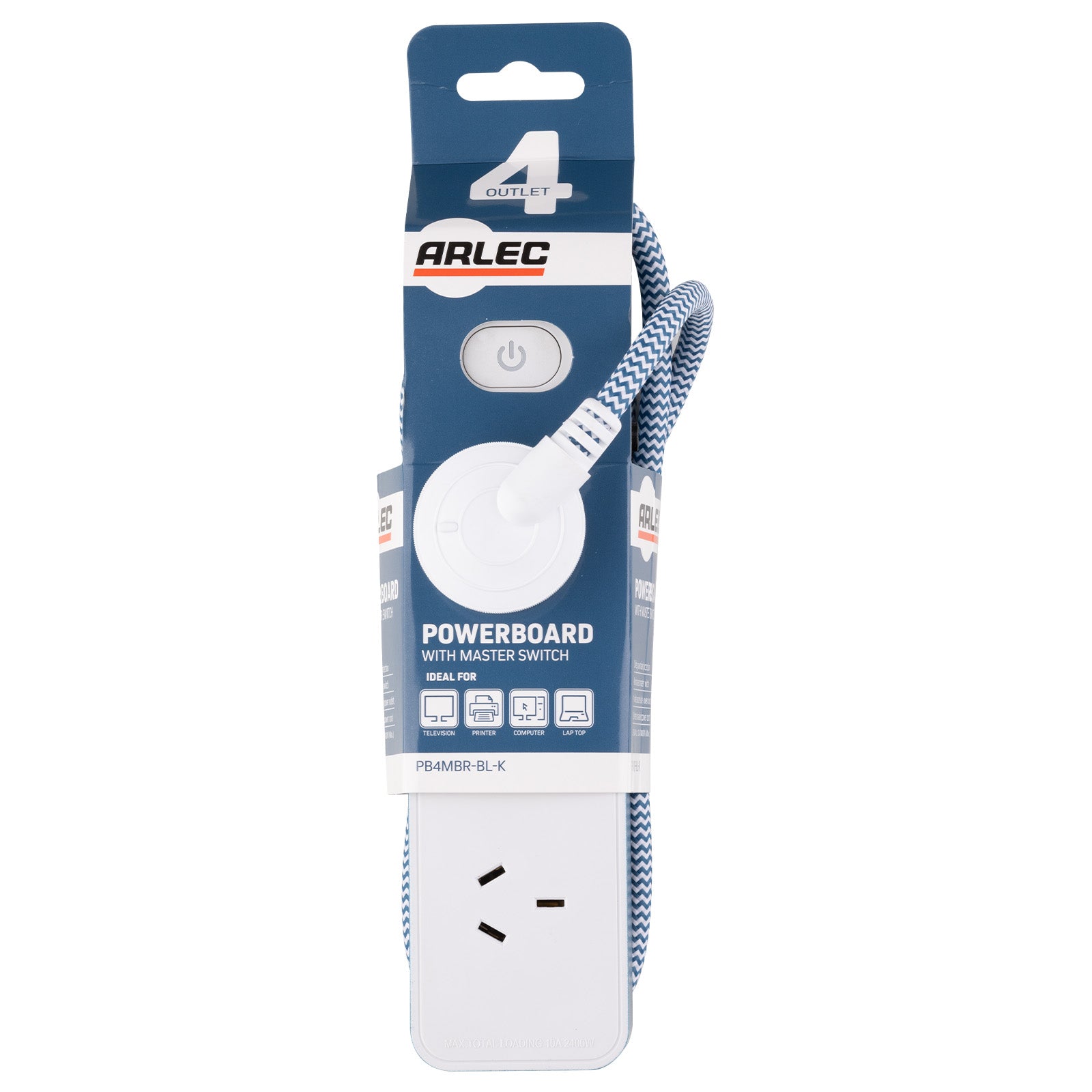 4 outlet powerboard with braided power cord blue – extension lead with USB charging and braided cable