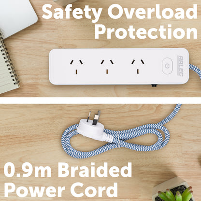 4 outlet powerboard with braided power cord blue – extension lead with USB charging and braided cable