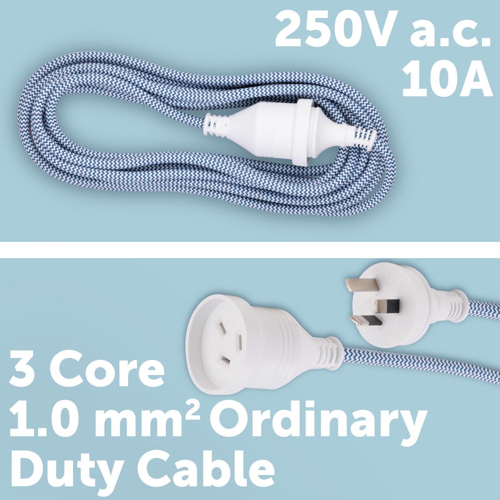 5m Braided Extension Lead Blue - braided extension lead, blue power cord, stylish indoor extension