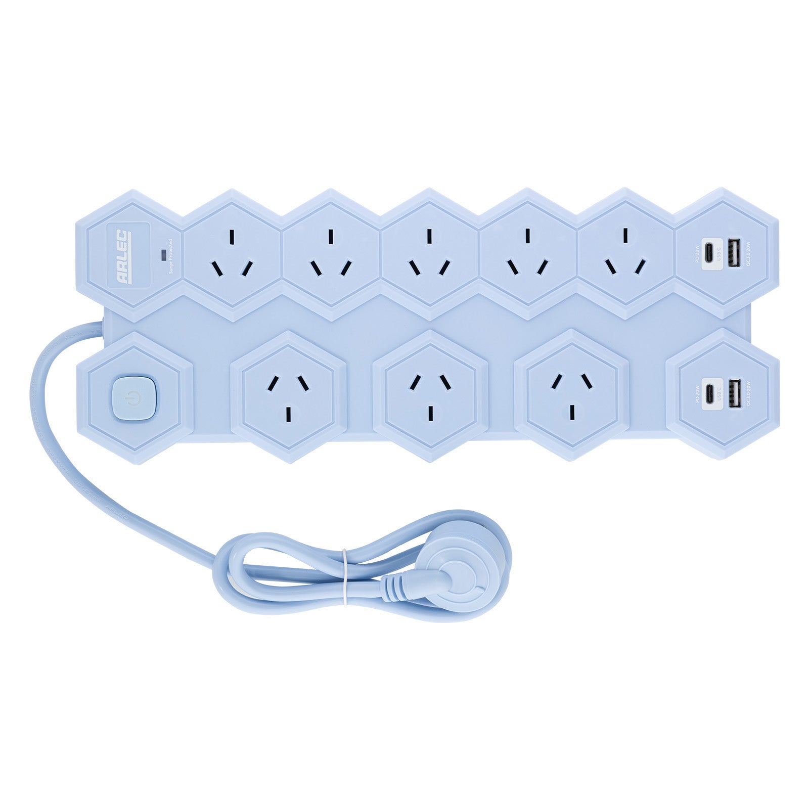 8 outlet hex powerboard – blue – hexagonal power board design with 8 outlets and USB ports