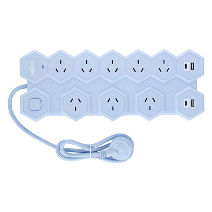 8 outlet hex powerboard – blue – hexagonal power board design with 8 outlets and USB ports