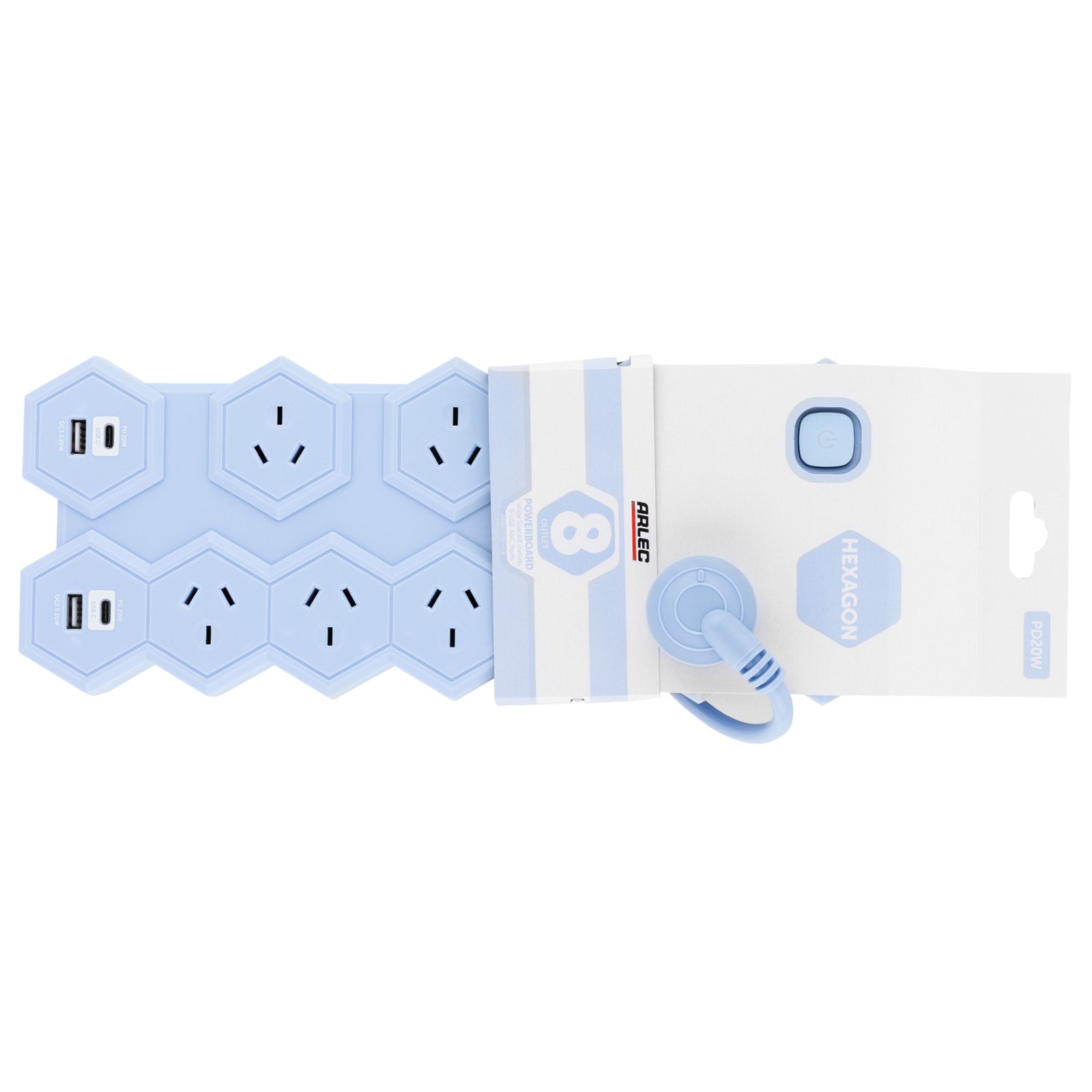 8 outlet hex powerboard – blue – hexagonal power board design with 8 outlets and USB ports