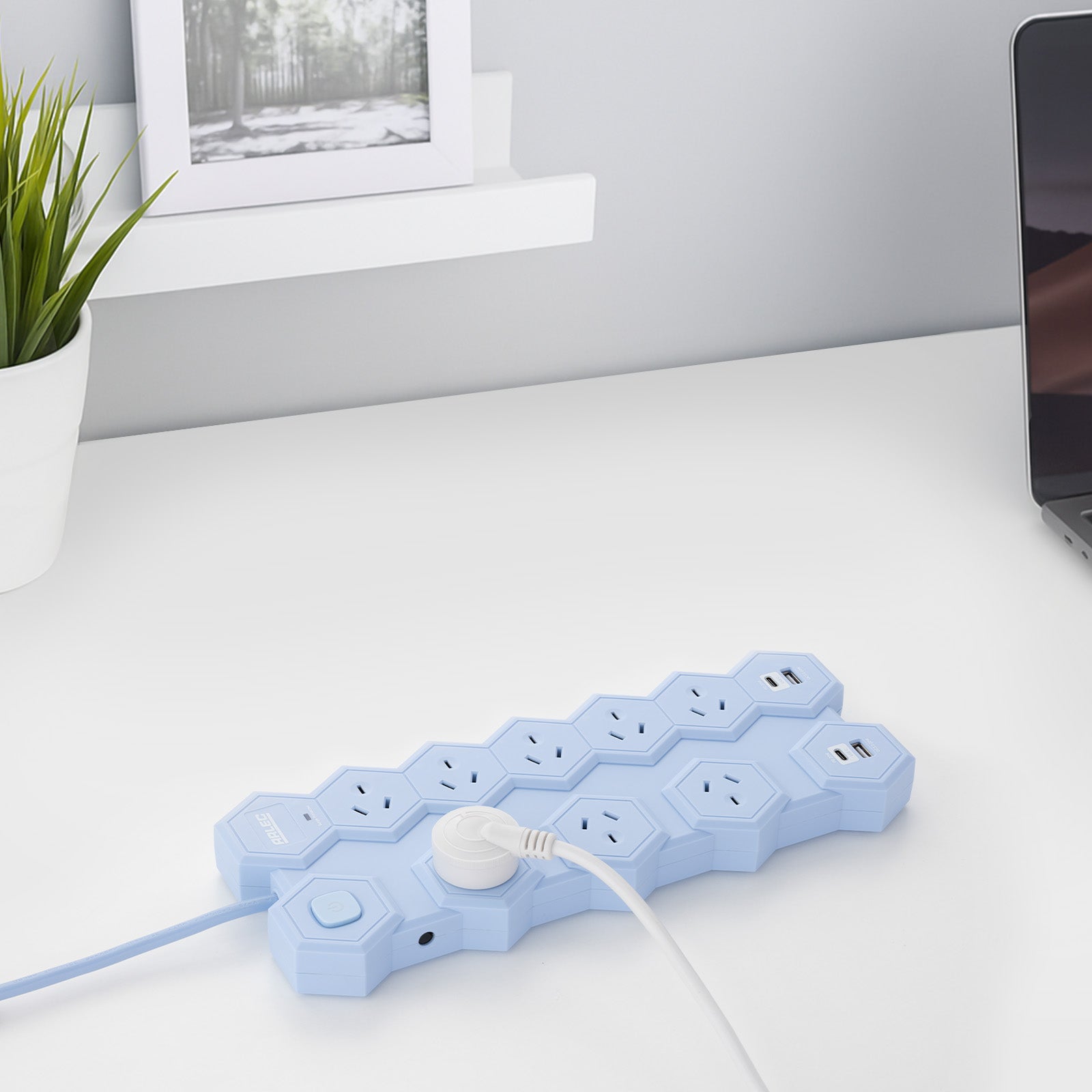 8 outlet hex powerboard – blue – hexagonal power board design with 8 outlets and USB ports