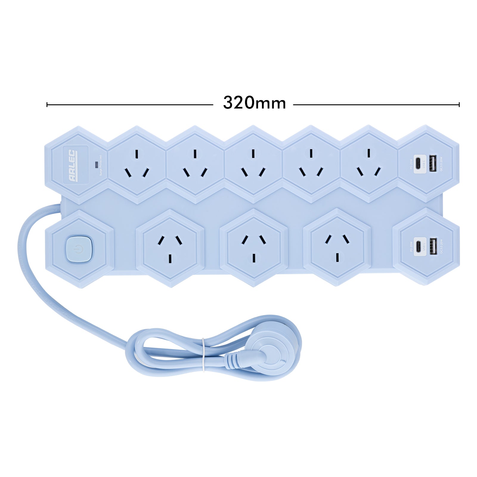8 outlet hex powerboard – blue – hexagonal power board design with 8 outlets and USB ports