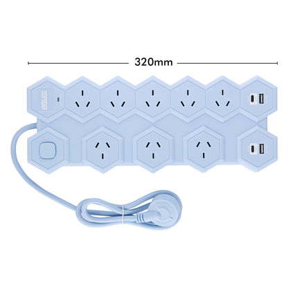 8 outlet hex powerboard – blue – hexagonal power board design with 8 outlets and USB ports