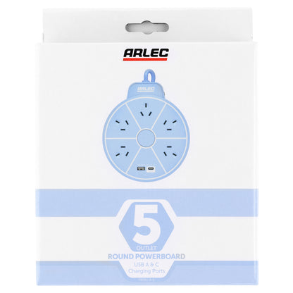 5 outlet round powerboard with USBs – blue – circular design extension board with USB charging