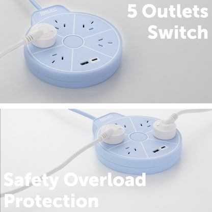 5 outlet round powerboard with USBs – blue – circular design extension board with USB charging