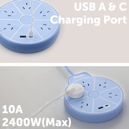 5 outlet round powerboard with USBs – blue – circular design extension board with USB charging
