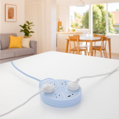 5 outlet round powerboard with USBs – blue – circular design extension board with USB charging