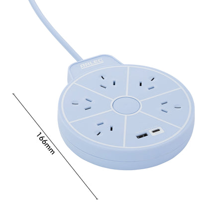 5 outlet round powerboard with USBs – blue – circular design extension board with USB charging