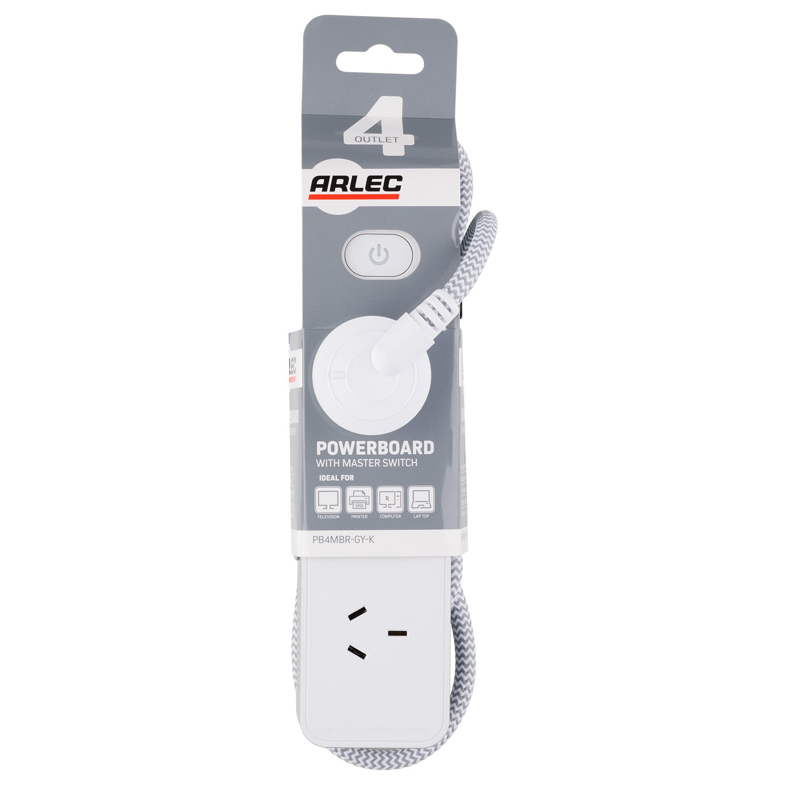 4 outlet powerboard with braided power cord grey – stylish extension board with braided cord, 4 outlets