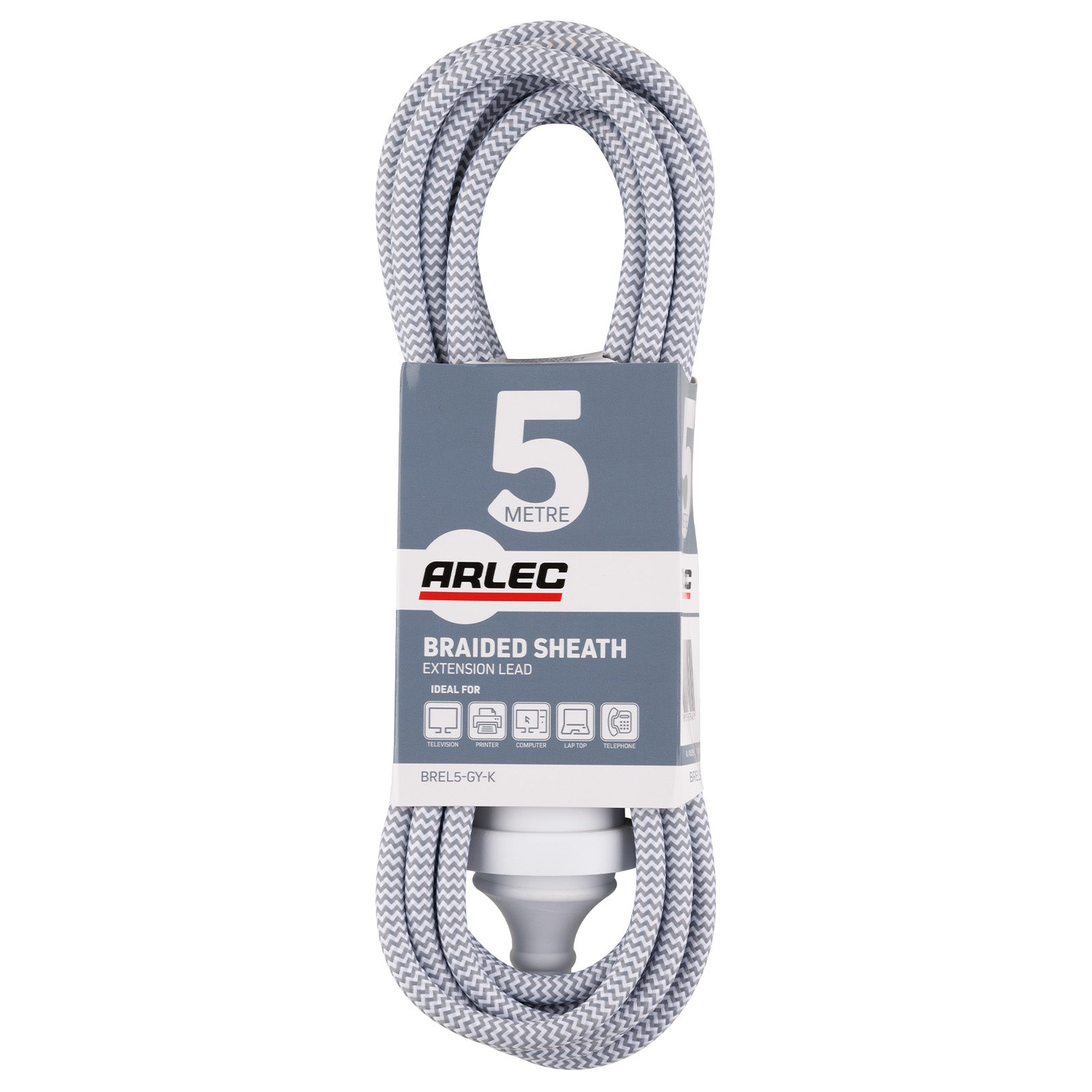 5m Braided Extension Lead Grey - grey braided cable, 5m indoor power lead, home extension cord