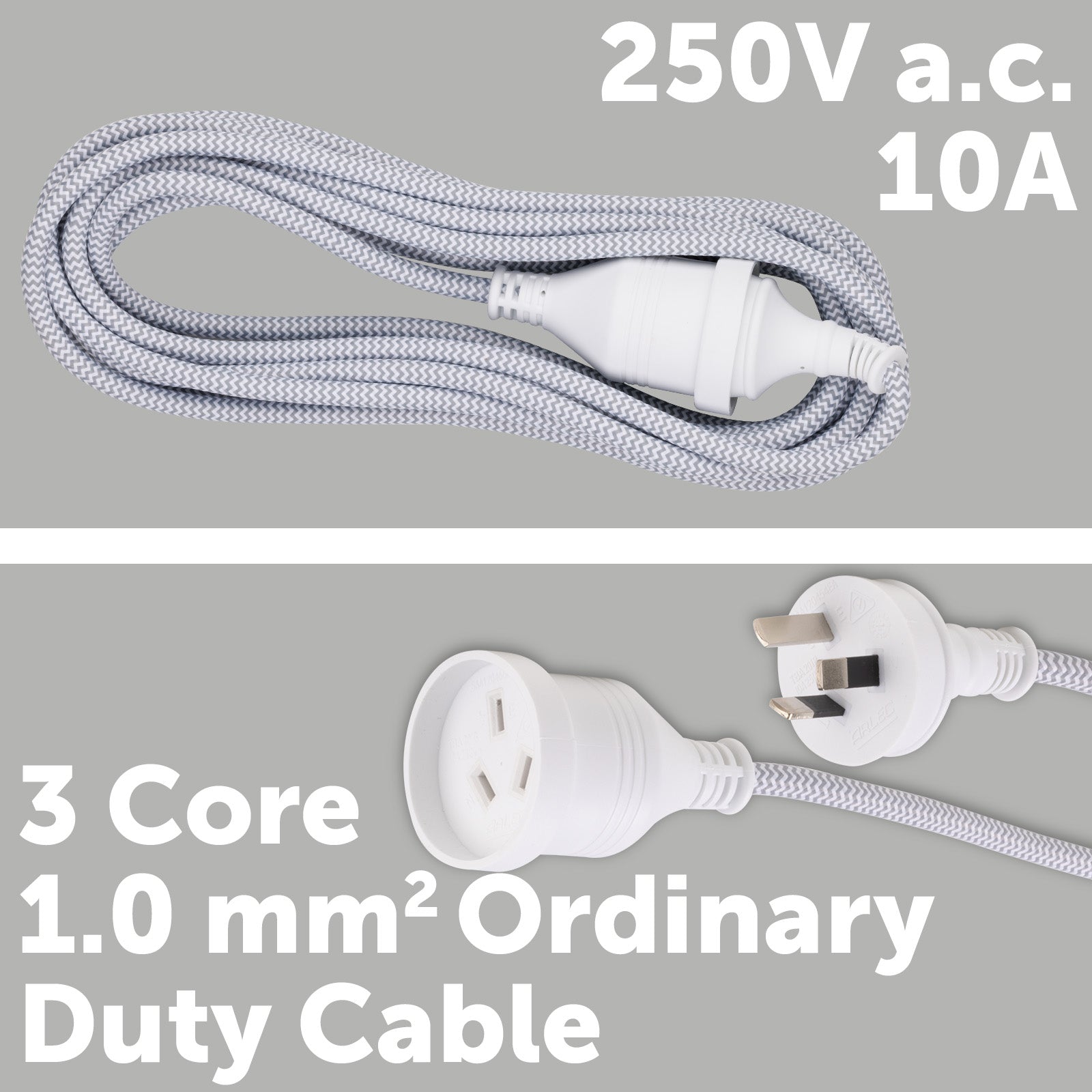 5m Braided Extension Lead Grey - grey braided cable, 5m indoor power lead, home extension cord
