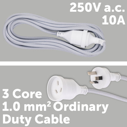 5m Braided Extension Lead Grey - grey braided cable, 5m indoor power lead, home extension cord
