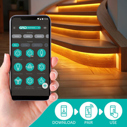 Arlec 10m RGB smart LED strip light with Grid Connect app, vibrant color control
