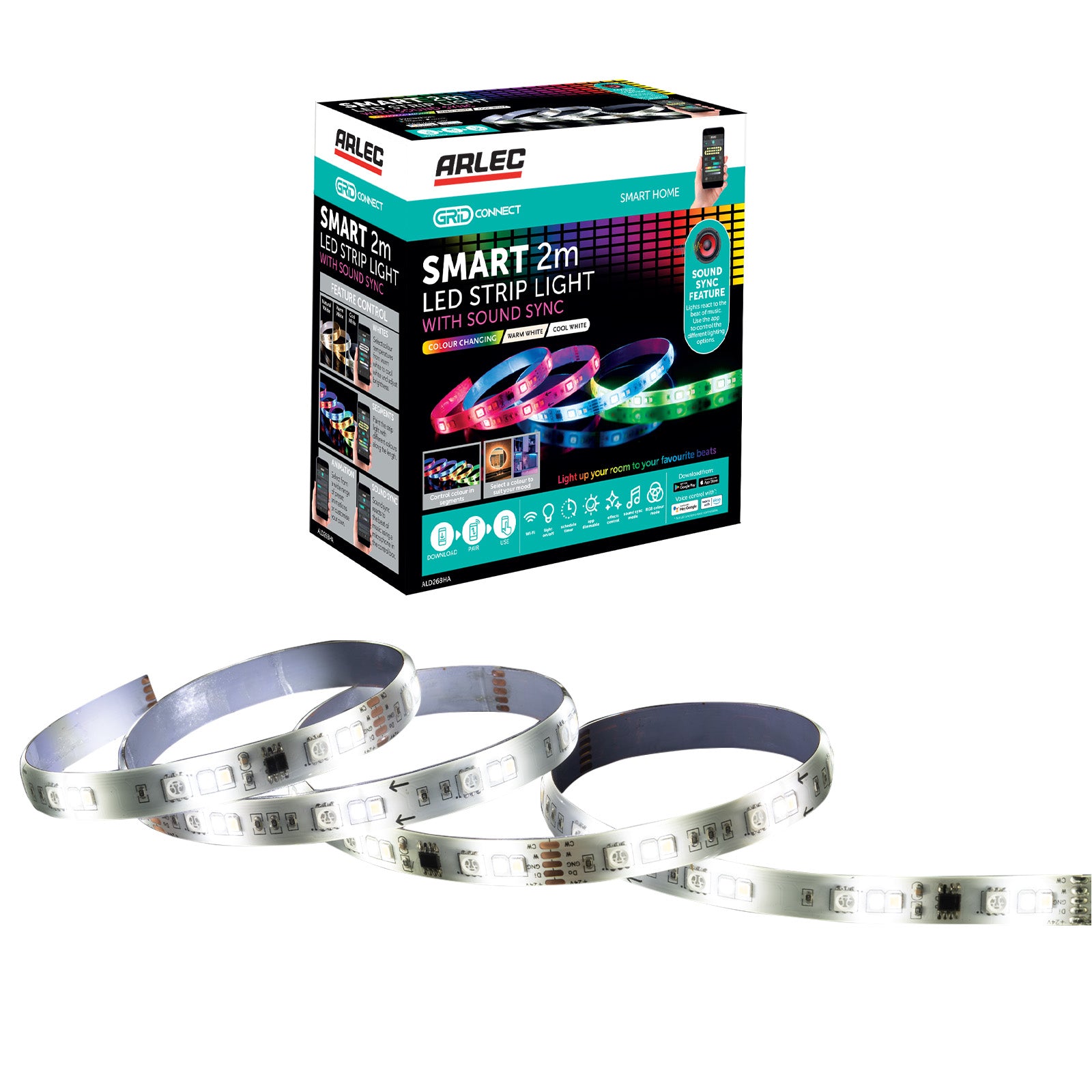 2m RGB LED strip light with sound sync, Wi-Fi control, customizable segments, and ambient effects