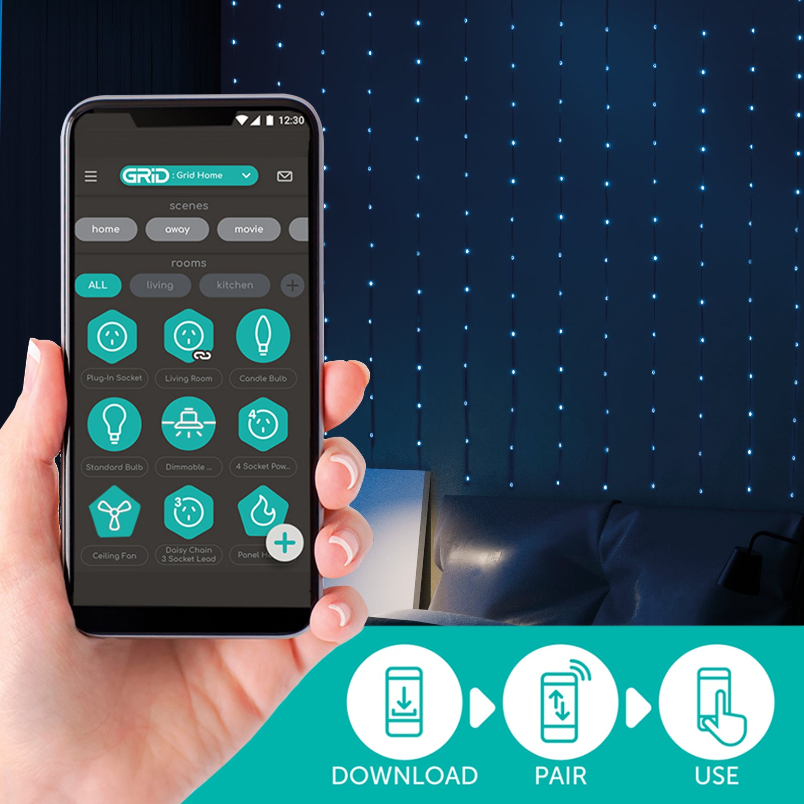 Arlec smart pixel curtain light 2m x 2m, RGB animated lighting with app control