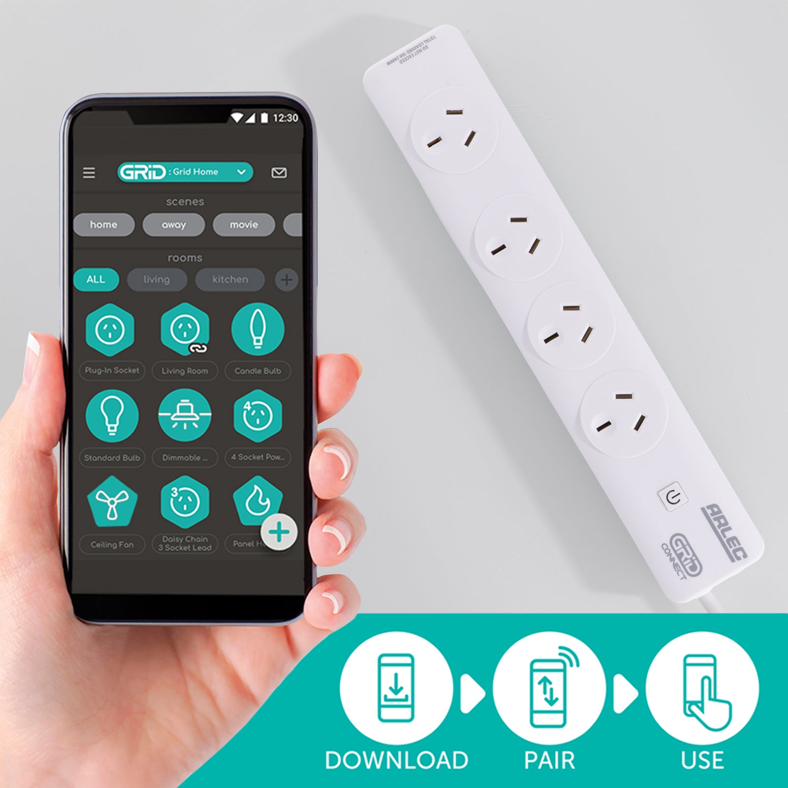 Smart 4 outlet powerboard with Wi-Fi control, Google Assistant, Alexa support, and safety features