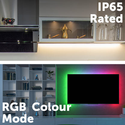 5m RGB and white LED strip light with remote and app control, fully adjustable brightness and color modes