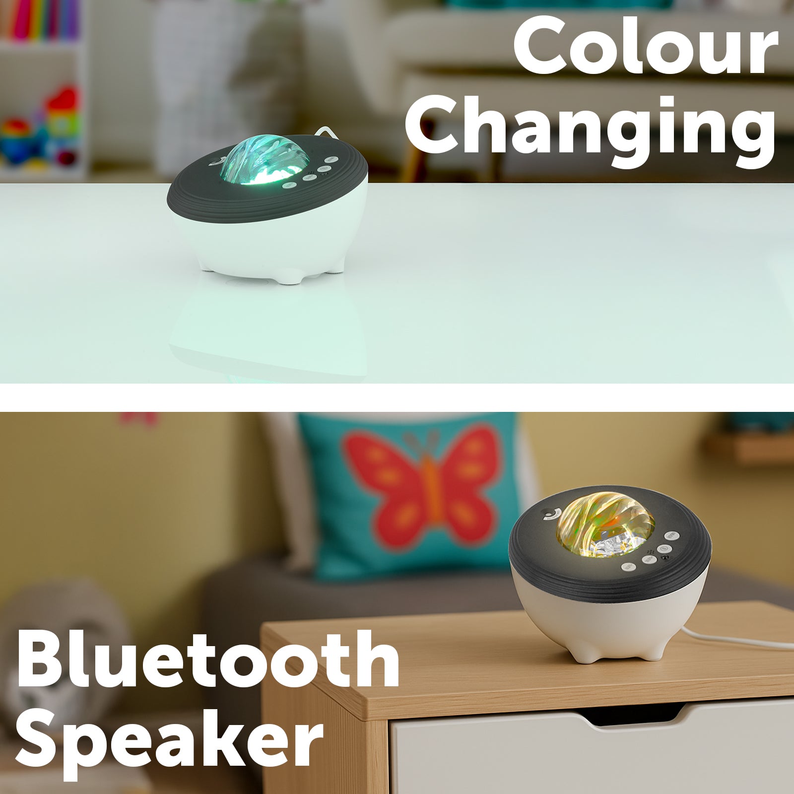 Smart aurora projector light with dynamic RGB lighting, white noise sounds, and mobile app control