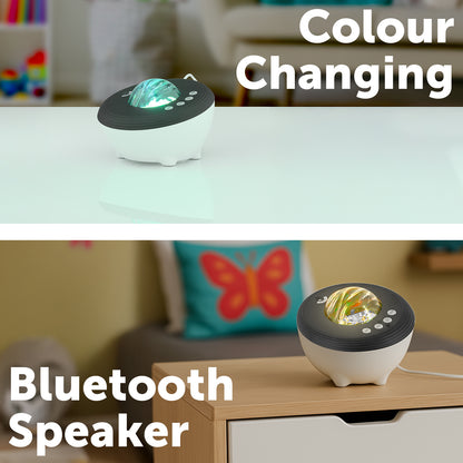 Smart aurora projector light with dynamic RGB lighting, white noise sounds, and mobile app control