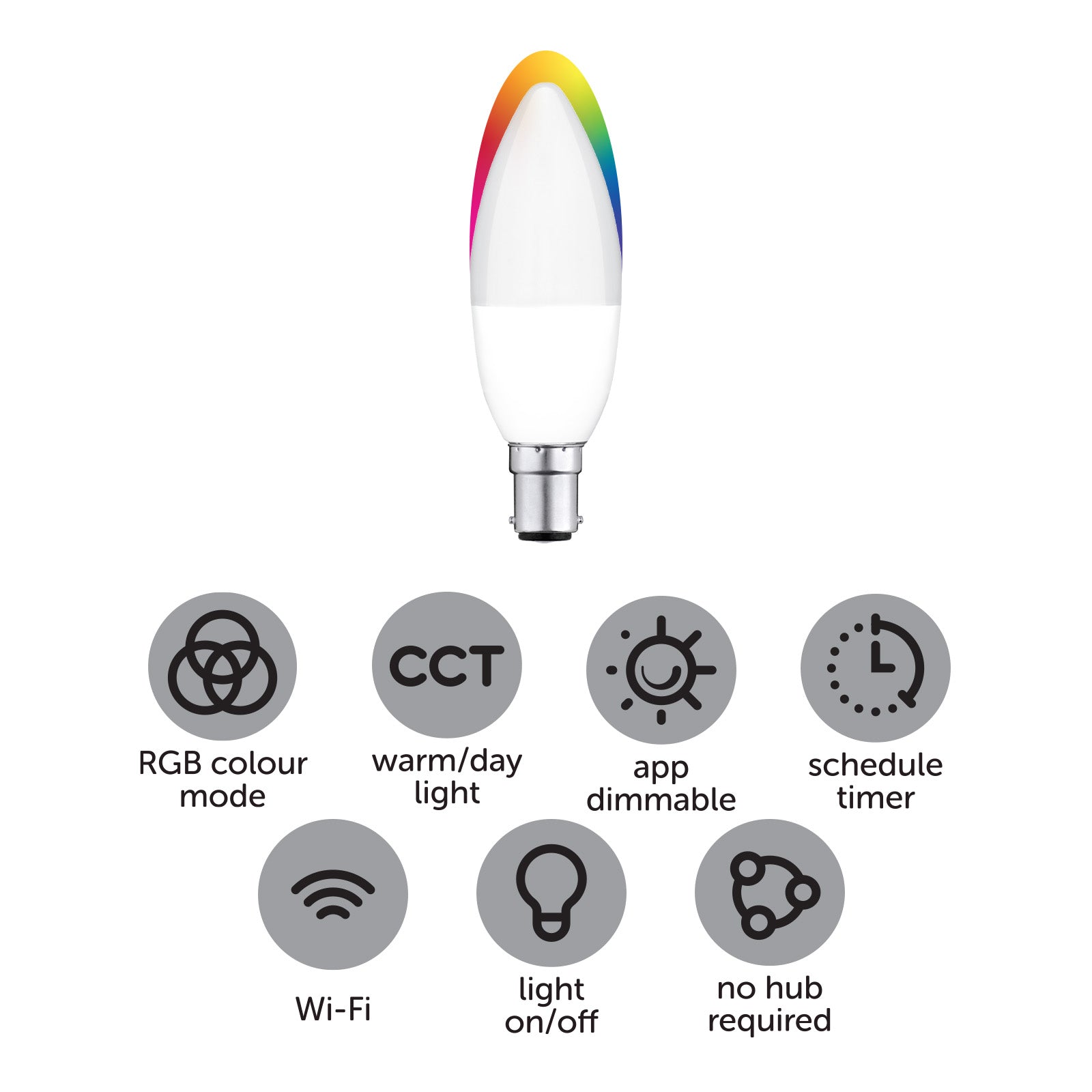 B15 RGB smart candle globe with CCT, app control, compatible with Alexa, Google Assistant, and Grid Connect