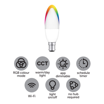 B15 RGB smart candle globe with CCT, app control, compatible with Alexa, Google Assistant, and Grid Connect