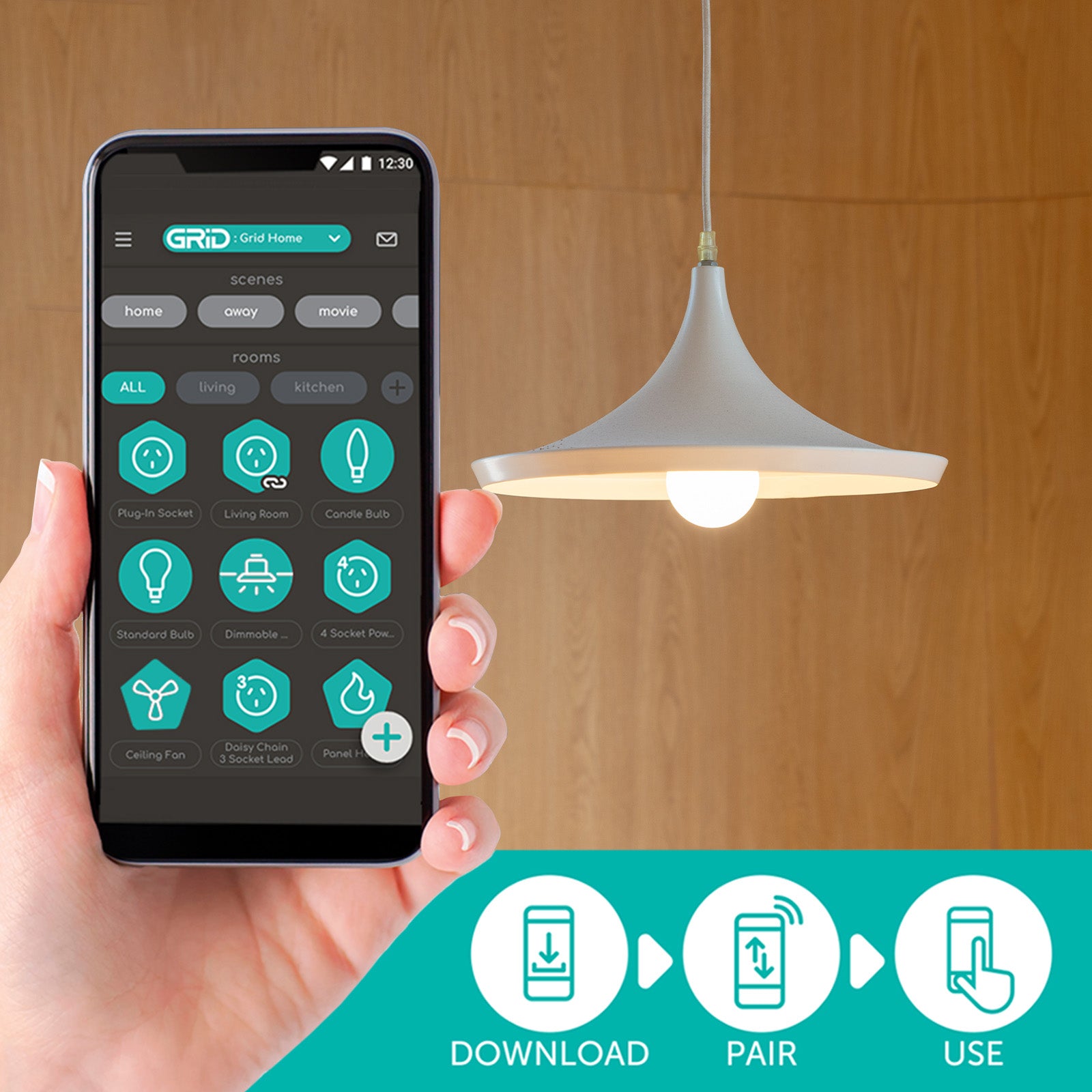 Smart B22 CCT LED globe with adjustable white light, 1050 lumens brightness, and Grid Connect app control