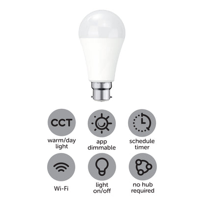 Smart B22 CCT LED globe with adjustable white light, 1050 lumens brightness, and Grid Connect app control