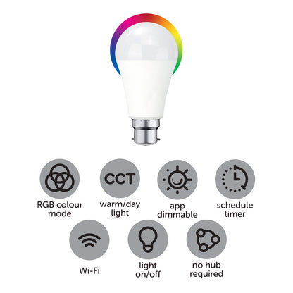 Smart B22 LED light globe with RGB, CCT control, app dimmable, Grid Connect, voice assistant ready
