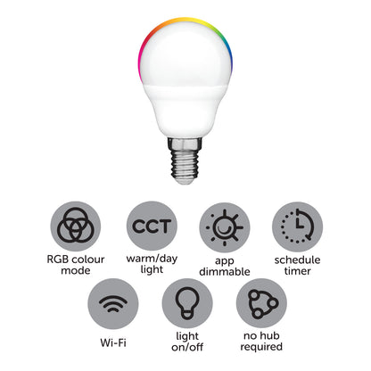 E14 smart fancy globe with RGB colour change, CCT, Wi-Fi control via Grid Connect, voice assistant support