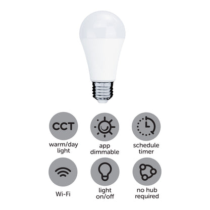 Smart E27 LED 12W light with CCT adjustment, app dimming, Google Assistant, Alexa and Grid Connect compatibility