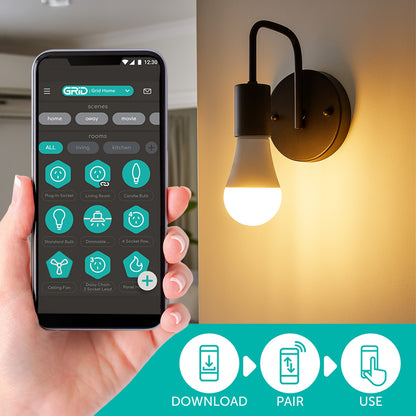 Smart E27 LED 12W light with CCT adjustment, app dimming, Google Assistant, Alexa and Grid Connect compatibility