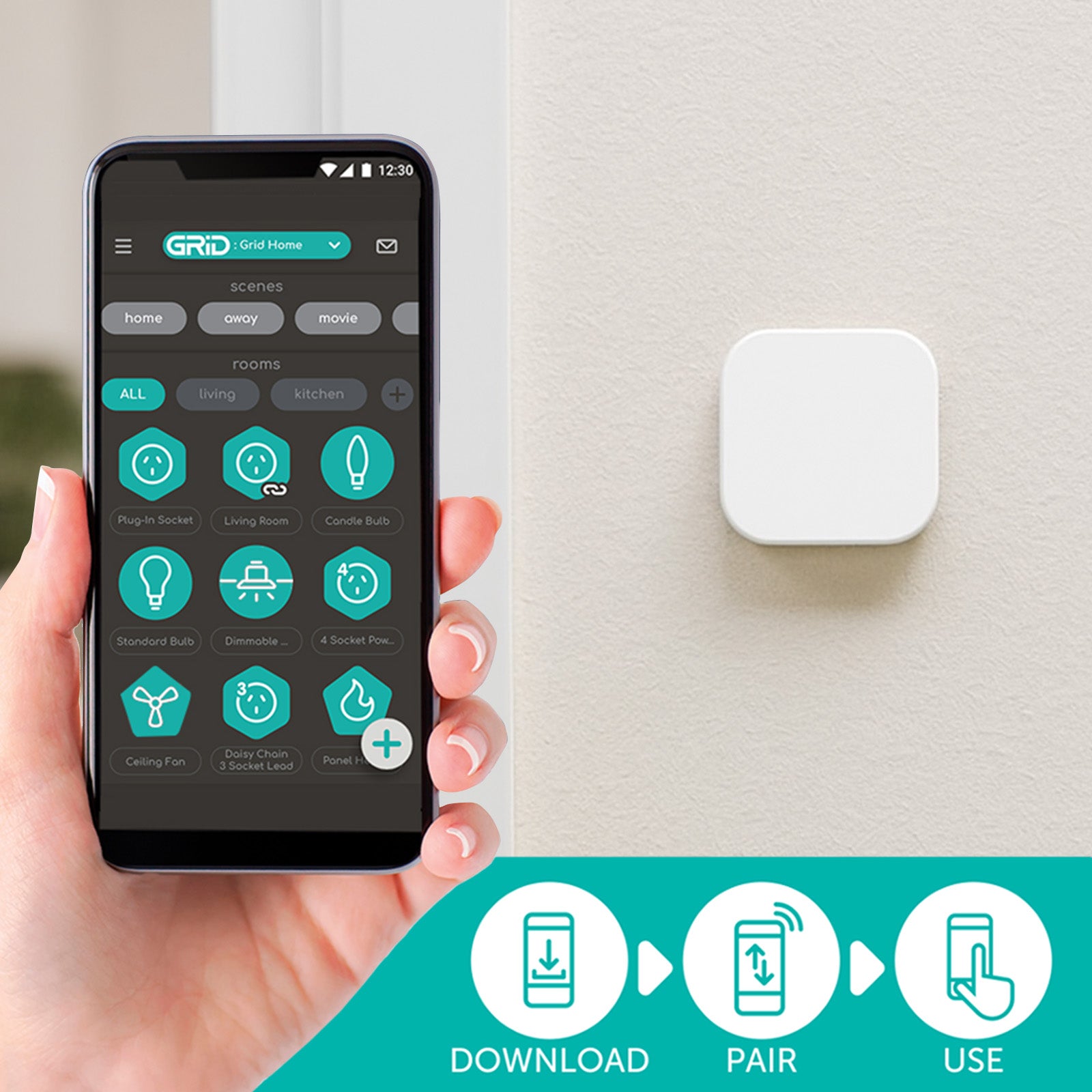 Smart home control button with IP55 rating, Grid Connect automation, works with Bluetooth hub, Alexa, Google