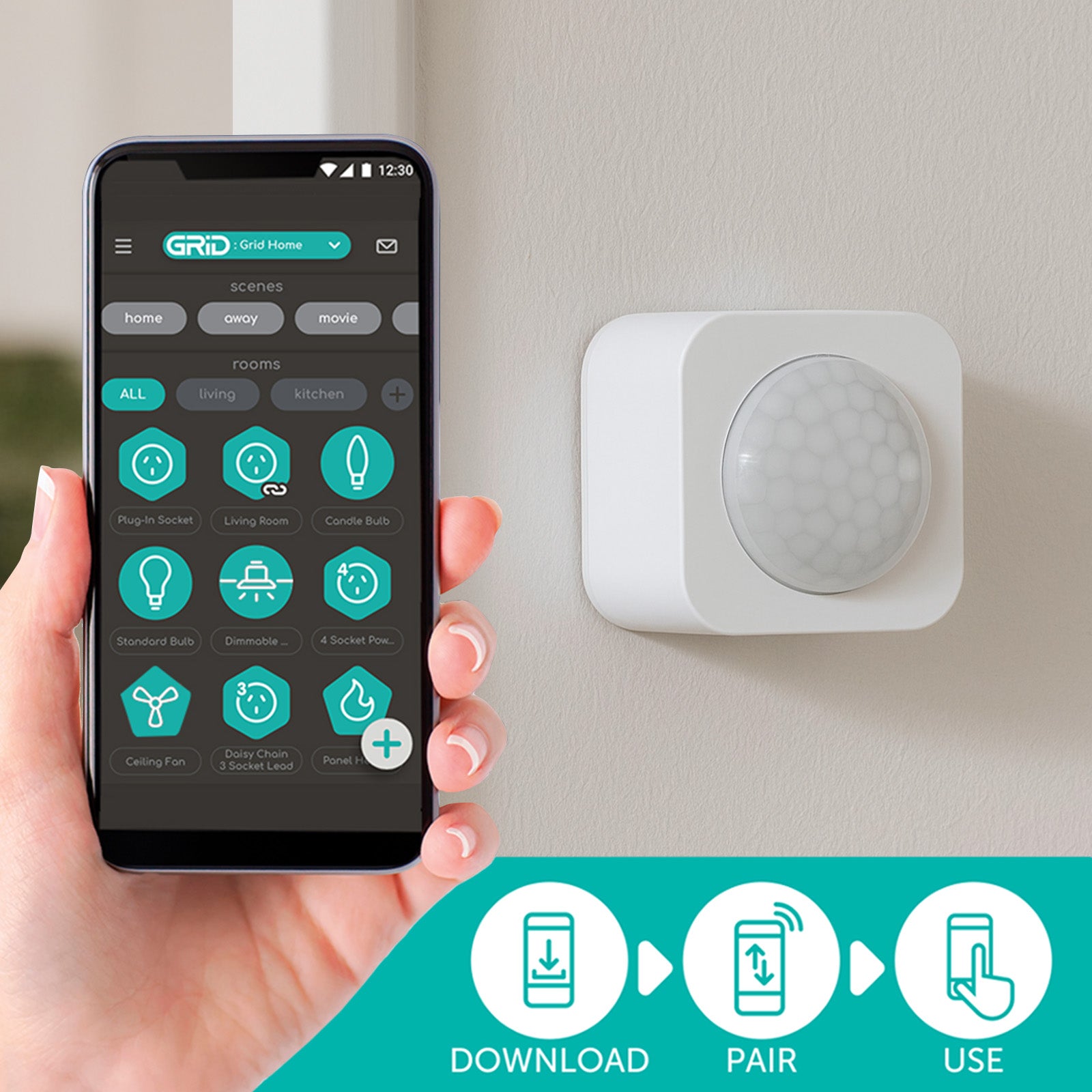 Smart home motion sensor with 15m range, Wi-Fi connected automation, works with Grid Connect, Alexa, Google