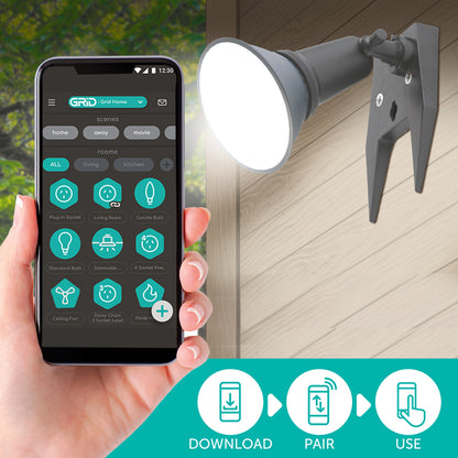 Smart PAR38 LED globe with E27 base, 1350 lumens brightness, CCT adjustment, and app-controlled scheduling